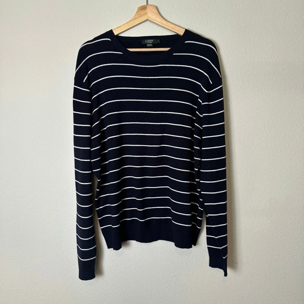 J.Crew Pima Cotton Striped Crewneck Sweater Mens L Navy White Nautical Mariner